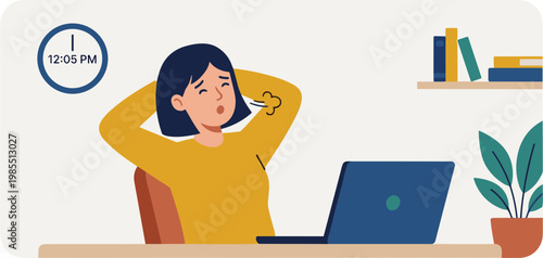 Woman relaxing at desk with laptop and plant in office environment