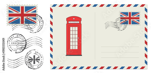 Postage stamp United Kingdom. Rubber postal stamp UK. Postal envelope with an English telephone booth.