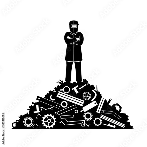 Welder Standing on Pile of Scrap Metal - Industrial Concept
