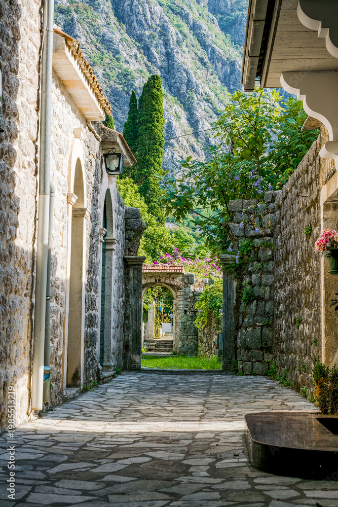 Obraz premium Narrow stone alley in Risan city, Montenegro. Surrounded by old buildings and lush greenery. Mountains in the background create a scenic view.