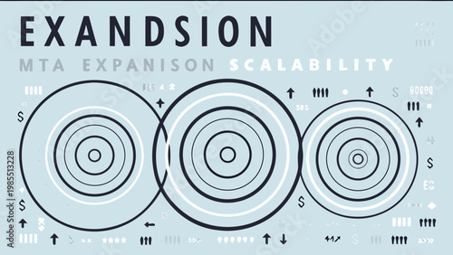 Flat illustration of expanding concentric circles with arrows on light blue background representing growth and scalability