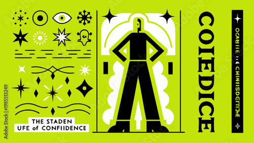 Confident abstract human figure standing strong with stars and symbols representing self assurance and empowerment