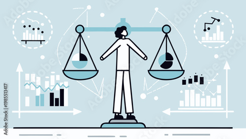 Person balancing charts and icons on scales with graphs and statistics in background symbolizing business equilibrium and data analysis