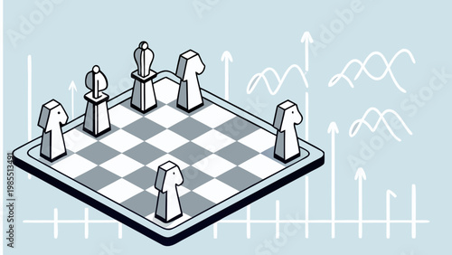 Minimalist black and white flat vector illustration of chessboard with pieces on light blue background with white graph lines and arrows symbolizing strategy and business planning
