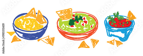 Nachos Dip Set with Guacamole, Cheese Dip, and Salsa Mexican Food