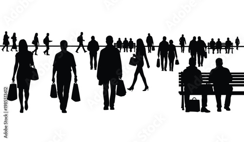 A bustling city street scene depicts numerous people walking shopping and relaxing rendered as a striking black silhouette high quality professional detailed modern elegant