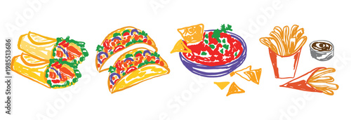 Mexican Food Set with Nachos Salsa Burrito Tacos and Churros