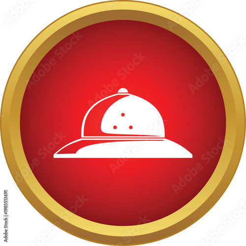 White pith helmet symbol on a round red background with gold border