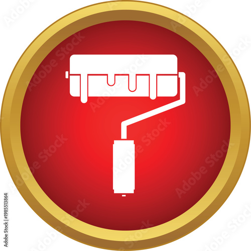 White paint roller with dripping paint inside a red circle with gold trim