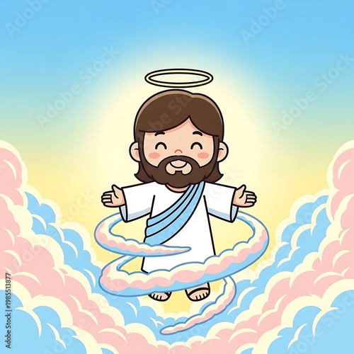 Cute Cartoon Jesus Christ Floating in Clouds for Kids Education