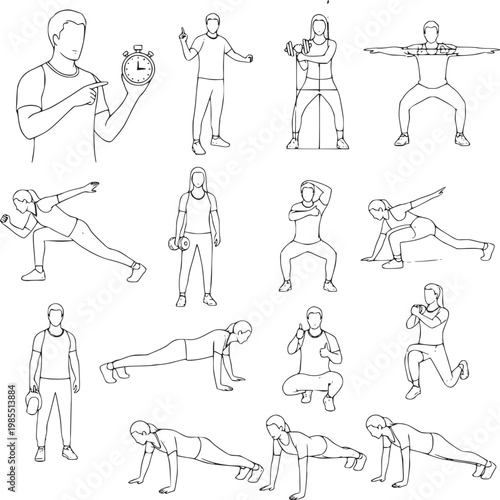 set of male fitness exercises vector illustration for workout training and health education