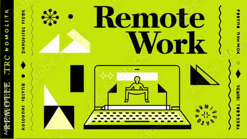 Remote work concept with minimal geometric workspace illustration