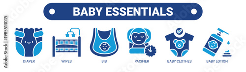 Baby Essentials web banner icon vector illustration concept with icons of diaper, wipes, bib, pacifier, baby clothes, and baby lotion.