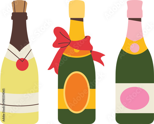 Champagne bottles collection with decorative labels and ribbon, festive celebration drink vector illustration design set