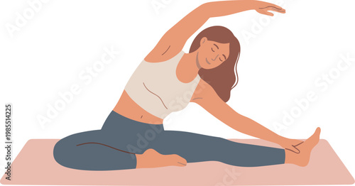 A woman performs a seated yoga stretch on a mat indoors.