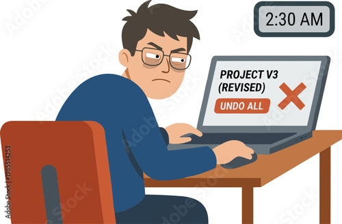 A frustrated man sits at a desk with a laptop displaying an error message.