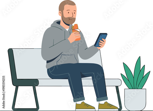 Man sitting on bench eating snack while looking at phone with plant nearby