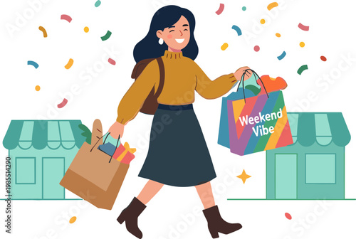 Woman walks down street with shopping bags on weekend