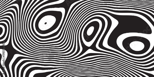Creative optical illusion featuring swirling black and white lines creating a distorted visual effect with experimental line flow and layered distortion, graphic illustration