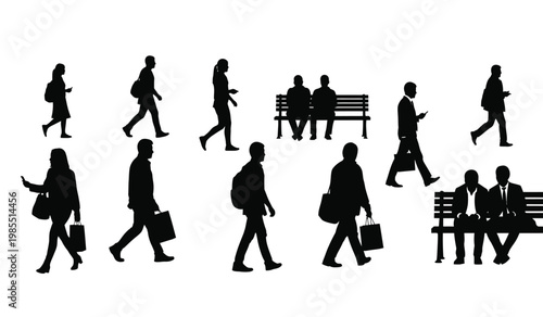 A collection of black silhouettes depicts diverse people walking standing and sitting on benches in a public space silhouette high quality professional detailed modern