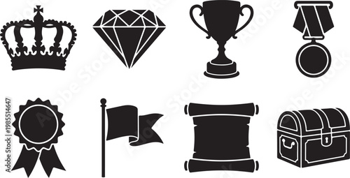 Award icons, trophy symbols, luxury signs, 8 black vector graphics