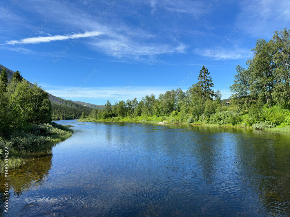 Obraz premium Serene river flowing through lush green Scandinavian landscape under a blue sky