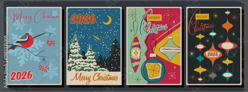 Mid Century Modern Christmas Greeting Cards, 1950s - 1960s Postcards, Merry Christmas Illustrations, Vintage Colors, Aged Paper Texture