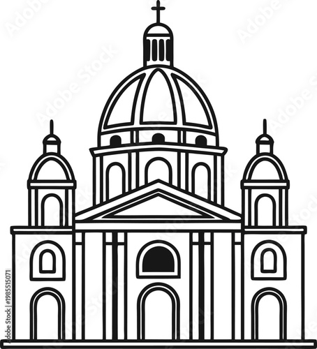 Grand European Cathedral Church Building with Ornate Dome and Cross Outline Vector