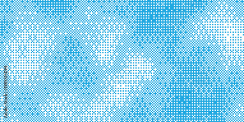 Modern blue bitmap 8-bit style background with glitchy and flickering pixels, clean pixel grid and controlled glitch effects, vector design