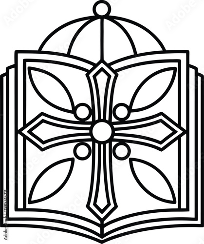 Holy scripture book with an ornate cross symbol and decorative elements central design
