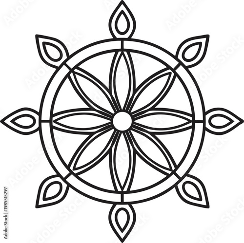 Intricate circular outline design featuring a traditional Dharma Wheel or mandala with eight petals