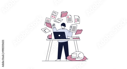 Remote worker, freelancer overwhelmed with tasks, paperwork, and deadlines, sitting with laptop, stressed