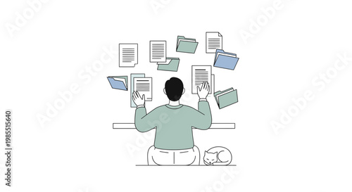 Flat design man overwhelmed by paperwork, documents and screens, stressed office worker, business concept, vector illustration