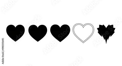 Heart shapes and outline icon set for love symbol, vector graphics