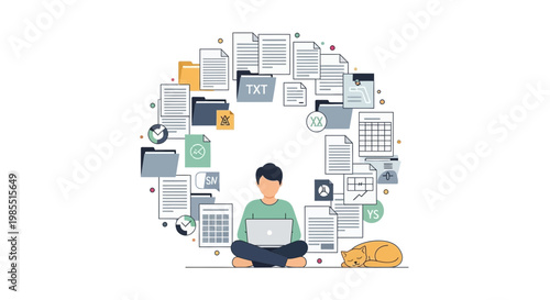 Flat design man sitting with laptop, surrounded by digital devices and apps, technology concept vector