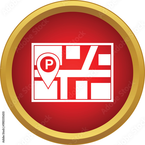 Parking symbol on a street map location pin within a red circle button
