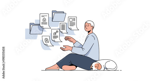 Flat design business man, overwhelmed by paperwork, sitting on floor, surrounded by documents