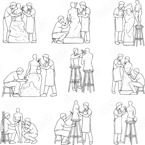 set of classical ancient greek sculpture sketches in line art style for educational and artistic use