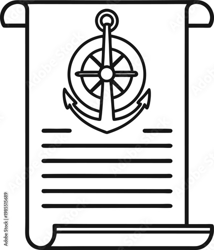 Nautical scroll document featuring an anchor and compass rose symbol with text lines