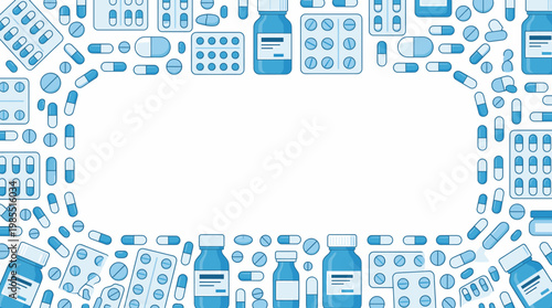 Medical Pharmaceutical Background with Various Pills Capsules and Bottles Creating a Clean Clinical Border for Health and Wellness Related Content