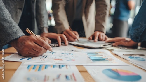 Close-up view of business hands analyzing charts and graphs on a table during a collaborative meeting, highlighting data-driven decision-making and teamwork.