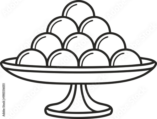 Outline of a footed serving platter presenting a pyramid of rounded sweets or fruits
