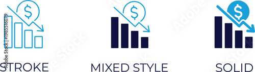 Decline icons for economic downturn, financial loss, market crash, and negative growth in editable stroke, outline, and solid vector styles.