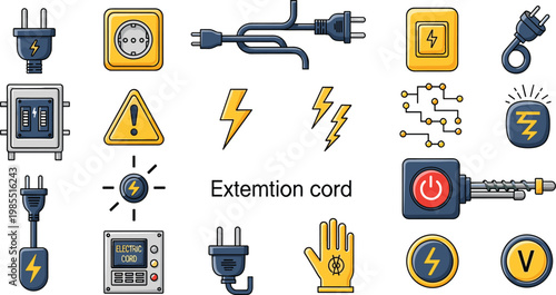 Electrical Icons Vector Set with Plugs, Extension Cords, Power, and Warning Symbols