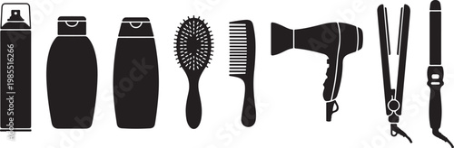 Black haircare icons, beauty tools, salon equipment, grooming accessories, vector graphics