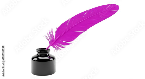 Purple feather quill pen in inkwell for writing and drawing, minimalist vector icon