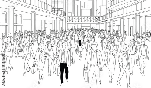A detailed line drawing depicts a bustling city scene with numerous people walking through a modern architectural space a striking silhouette high quality professional