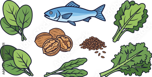 Healthy omega-3 food sources vector set, fresh fish and leafy green vegetables, walnuts and flax seeds icons for nutrition and diet infographics