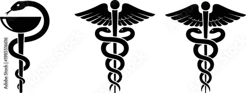 Medical caduceus and rod of asclepius vector set, black pharmacy symbols with snakes and wings, healthcare and medicine icons for professional branding