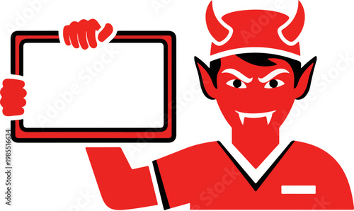 Red devil mascot holding blank sign, cartoon demon character with empty white board, mischievous satanic figure for marketing and halloween promotions